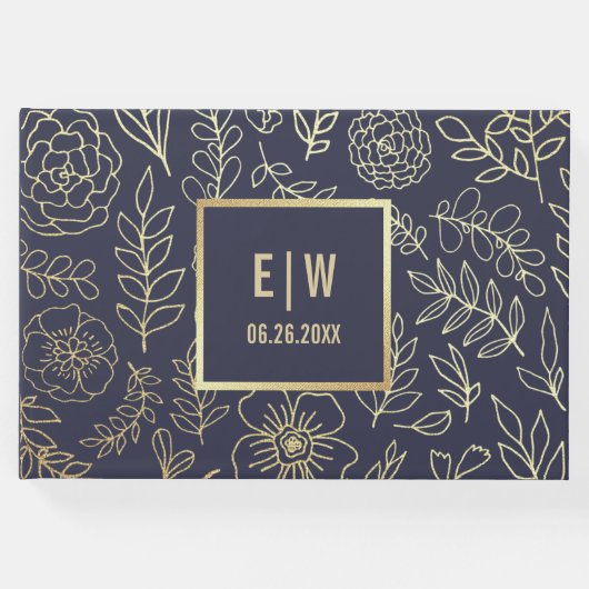 ネイビーブルー |金ゴールド結婚フローラ ゲストブック (正面)