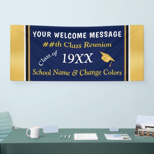 ネイビーブルー、金ゴールド高校懇親会バナーアイディア 横断幕 (トレードショー)