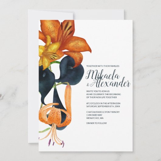 ネイビーブルー、金ゴールド、オレンジタイガーリリー結婚ズ 招待状 (正面)