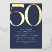 ネイビーブルー&金ゴールド |第シンプル50モダン誕生日 箔招待状 (正面)