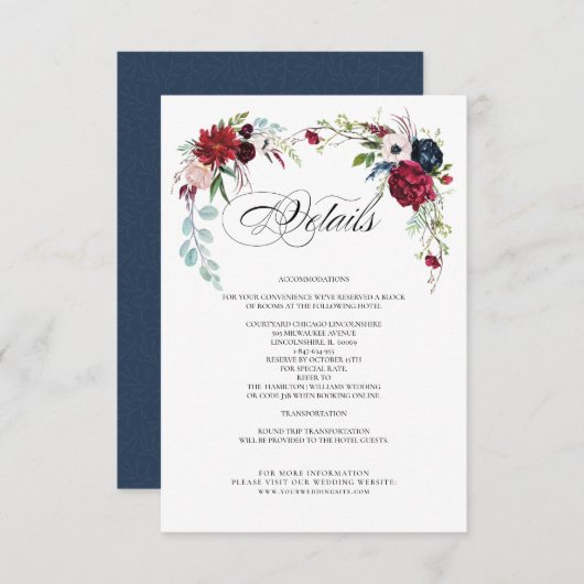 ネイビーブルー | Burgundyフローラ結婚の詳細カード 招待状 (正面/裏面)