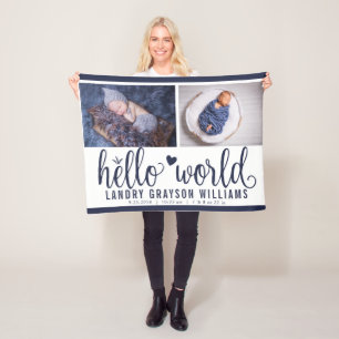ネイビーブルー Hello World モノグラム ベビーの統計 フリースブランケット