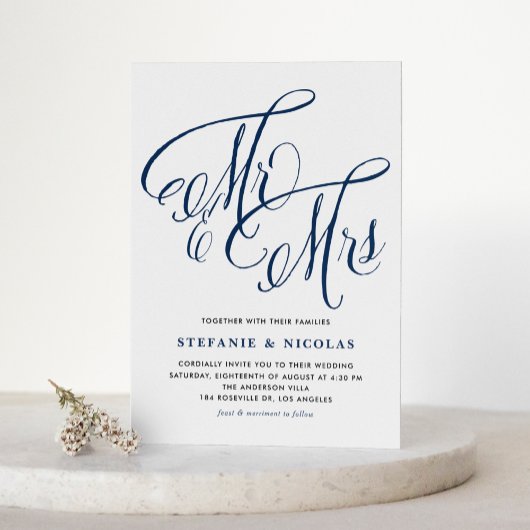 ネイビーブルー Mr. & Mrs. ラスティックスクリプトQRコードウェディング 招待状