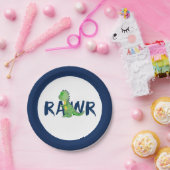 ネイビーブルー「RAWR」緑の恐竜パーティー ペーパープレート (パーティー)