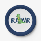 ネイビーブルー「RAWR」緑の恐竜パーティー ペーパープレート (正面)