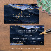 ネイビーブルーAgate Geodeモノグラム金ゴールドスクリプト 名刺