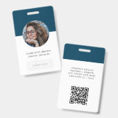 ネイビーブルーIDカード |写真モダン名ロゴQR バッジ (正面＆裏面)