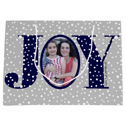 ネイビーブルーJOYと雪片2枚の写真クリスマス ラージペーパーバッグ (正面)