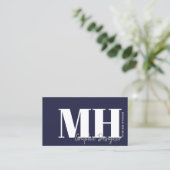 ネイビーブルーQRコードシンプルモノグラム 名刺 (スタンド正面)