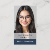 ネイビーブルーQRコードフォトミニマルプロフェッショナル 名刺 (正面)