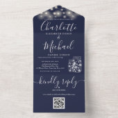 ネイビーブルーQRコードメイソンJarsストリングライト結婚ズ オールインワン招待状 (内側)