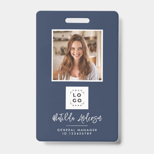 ネイビーブルーQRコードモダン写真ミニマル抽象芸術 バッジ (正面)