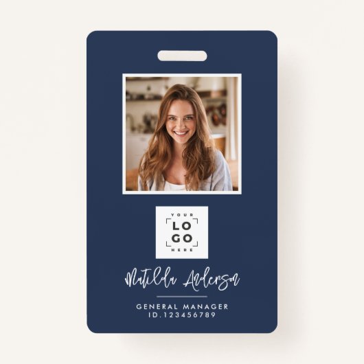 ネイビーブルーQRコードモダン写真ミニマル抽象芸術 バッジ (正面)