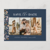 ネイビーブルーQRコードワイルドフラワー結婚フローラ 案内ポストカード (正面)