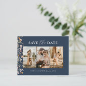 ネイビーブルーQRコードワイルドフラワー結婚フローラ 案内ポストカード (スタンド正面)