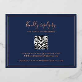 ネイビーブルーQRコード結婚のフォイルRSVPカード 箔招待状ポストカード