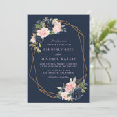 ネイビーブロッサムピンクフローラ幾何結婚の 招待状 (スタンド正面)