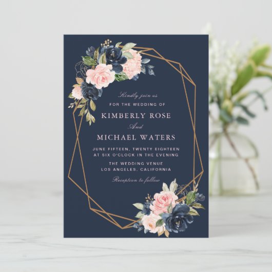 ネイビーブロッサムピンクフローラ幾何結婚の 招待状 (スタンド正面)