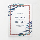 ネイビーブー葉ルバラ金ゴールド結婚グリッター 三つ折り招待状 (カバー)