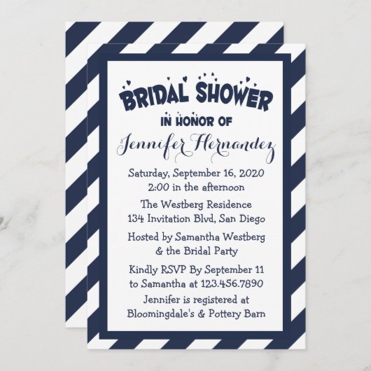 ネイビーブ航海のルーアンドホワイトストライプブライダルシャワー 招待状 (正面/裏面)