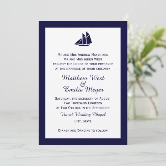 ネイビーブ航海のルー帆船結婚式招待状 招待状 (スタンド正面)