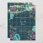 ネイビープオーニー&ターコイズバラ結婚ズお祝い 招待状 (正面/裏面)