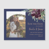 ネイビープラムのフラワーブラッシュ ウェディングフォト セーブザデート マグネット招待状 (正面)