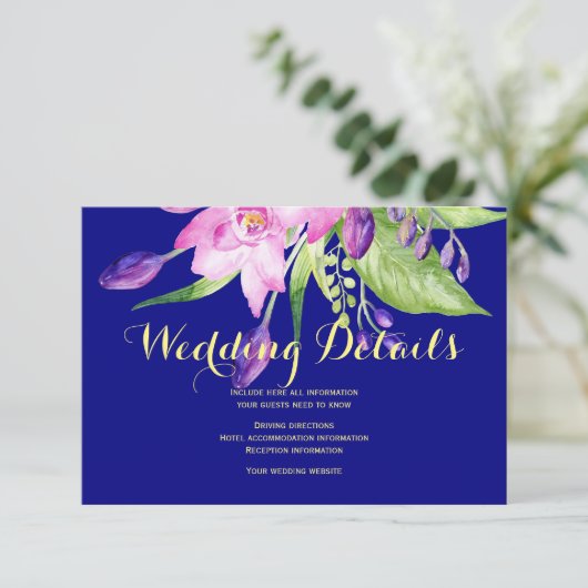 ネイビープラムの夏の花の結婚式のゲスト詳細 エンクロージャーカード (スタンド正面)