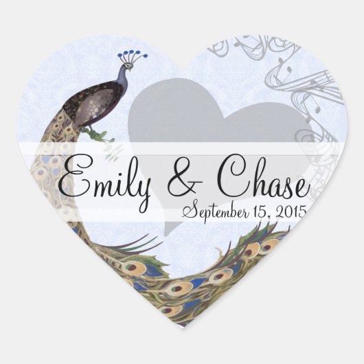 ネイビープラムピーコックの羽結婚のシール ハートシール (正面)