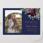 ネイビープラム赤面結婚フローラの写真Save the Date 箔招待状 (正面)