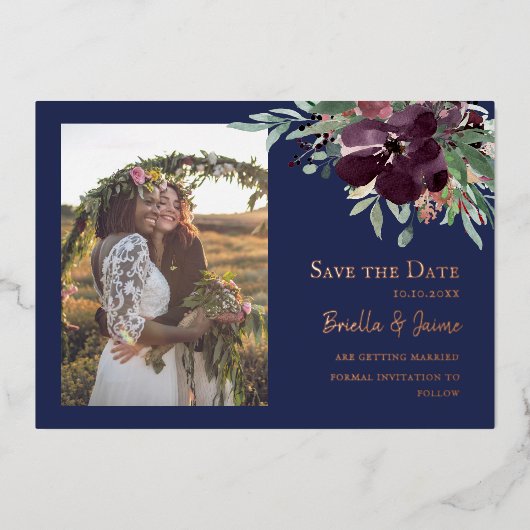 ネイビープラム赤面結婚フローラの写真Save the Date 箔招待状 (正面)