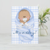 ネイビーベビーブルーギンガム男の赤ちゃんシャワー招待状 招待状 (スタンド正面)