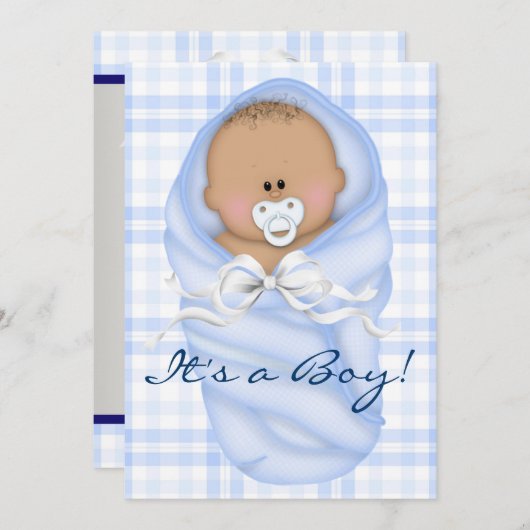 ネイビーベビーブルーギンガム男の赤ちゃんシャワー招待状 招待状 (正面/裏面)