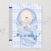ネイビーベビーブルーギンガム男の赤ちゃんシャワー招待状 招待状 (正面/裏面)