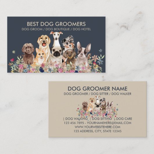 ネイビーベージュフローラペットシッター犬 名刺 (正面/裏面)