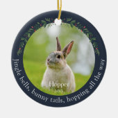 ネイビーペットラビットバニーフォトクリスマス セラミックオーナメント (正面)