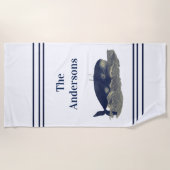 ネイビーホエールウォーターカラーブルーヴィンテージ 航海の ビーチタオル (正面)