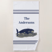 ネイビーホエールウォーターカラーブルーヴィンテージ 航海の ビーチタオル (正面)