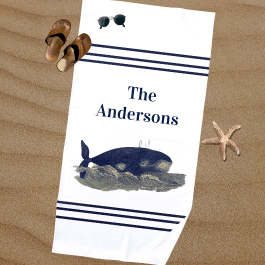 ネイビーホエールウォーターカラーブルーヴィンテージ 航海の ビーチタオル