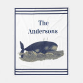 ネイビーホエールウォーターカラーブルーヴィンテージ 航海の フリースブランケット (正面)