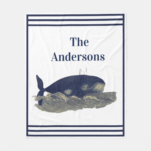 ネイビーホエールウォーターカラーブルーヴィンテージ 航海の フリースブランケット (正面)