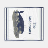 ネイビーホエールウォーターカラーブルーヴィンテージ 航海の フリースブランケット (正面(横))