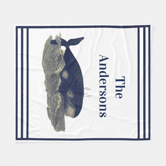 ネイビーホエールウォーターカラーブルーヴィンテージ 航海の フリースブランケット (正面(横))