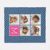 ネイビーホットピンクインスタグラム5フォトコラージモノグラム フリースブランケット (正面(横))