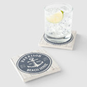 ネイビーホワイトいかり航海のファミリーネームビーチハウス ストーンコースター (横)