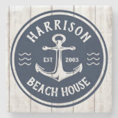 ネイビーホワイトいかり航海のファミリーネームビーチハウス ストーンコースター (正面)