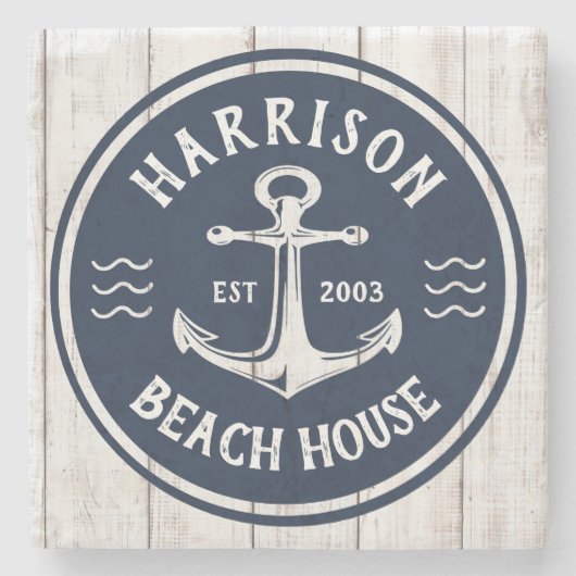 ネイビーホワイトいかり航海のファミリーネームビーチハウス ストーンコースター (正面)
