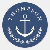 ネイビーホワイトいかり航海のリース名結婚 ラウンドシール (正面)