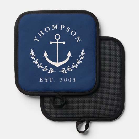 ネイビーホワイトいかり航海のリース名&年度末 鍋敷き (正面/裏面)