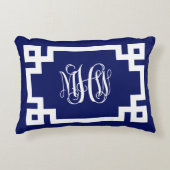 ネイビーホワイトつる植物スクリプトモノグラムギリシャ鍵DIY BG アクセントクッション (正面)